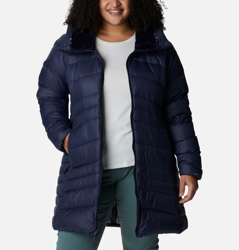 Women's Columbia Autumn Park Hooded Mid Down Jackets Navy | Plus Size CA-PAL06